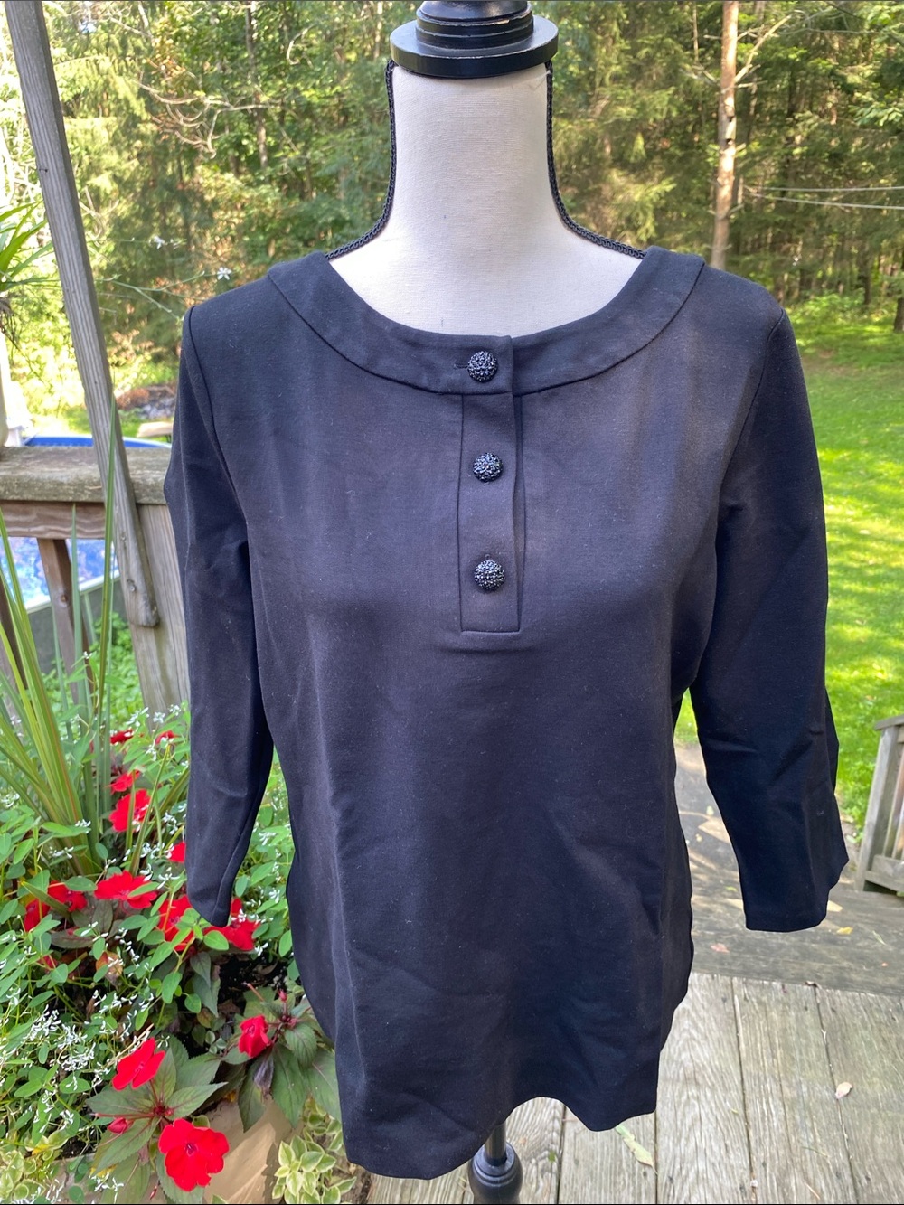 Talbots Black 3-Button Boatneck 3/4 Sleeve Top